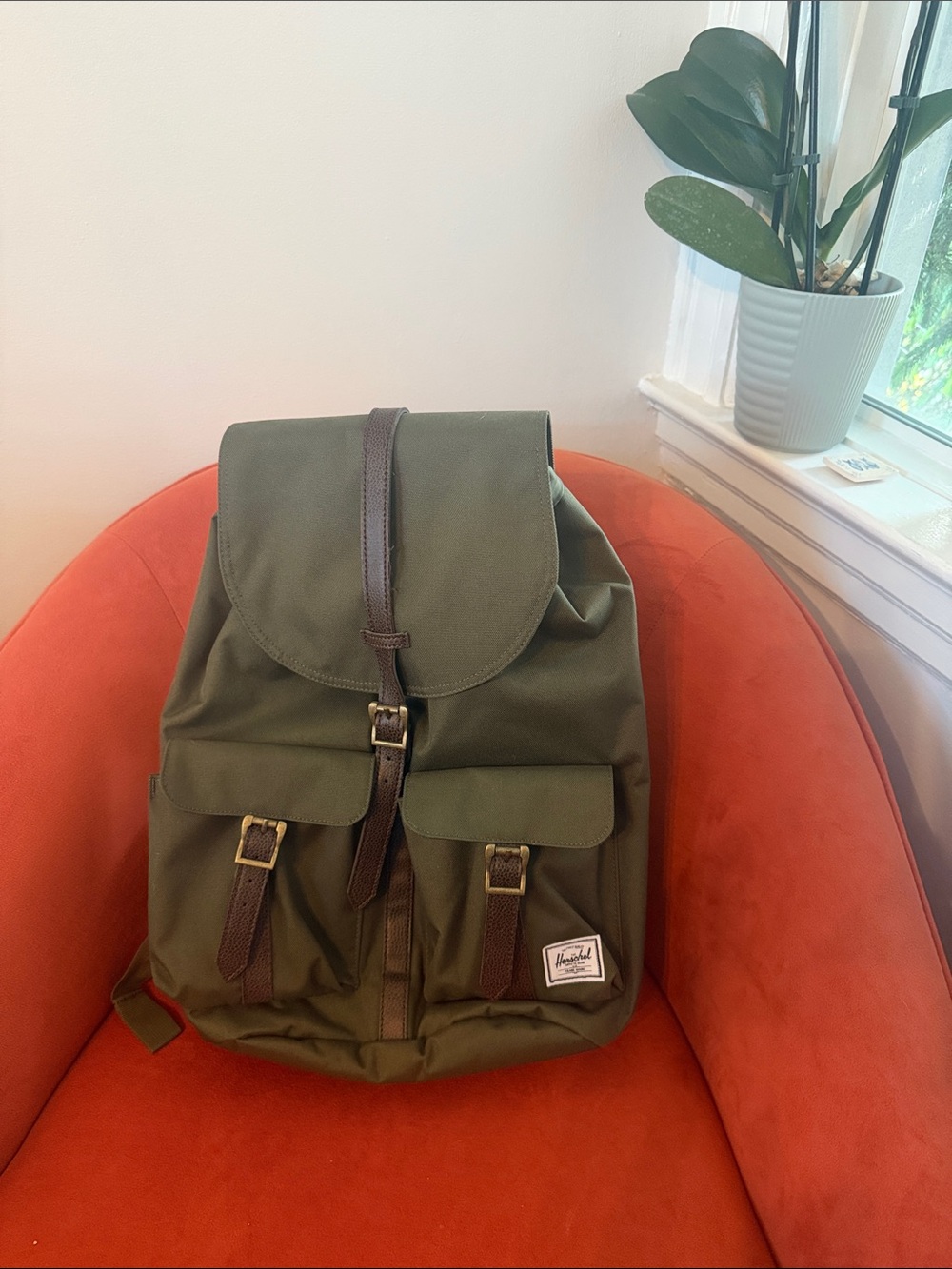 Herschel Supply Company Olive Green Canvas Backpack with Brown Straps